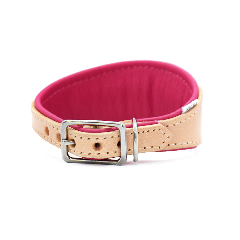Windhundhalsband handbemalt – Geschirrleder mit tropischem Flamingo- und Monstera-Design, edel gepolstert in Pink