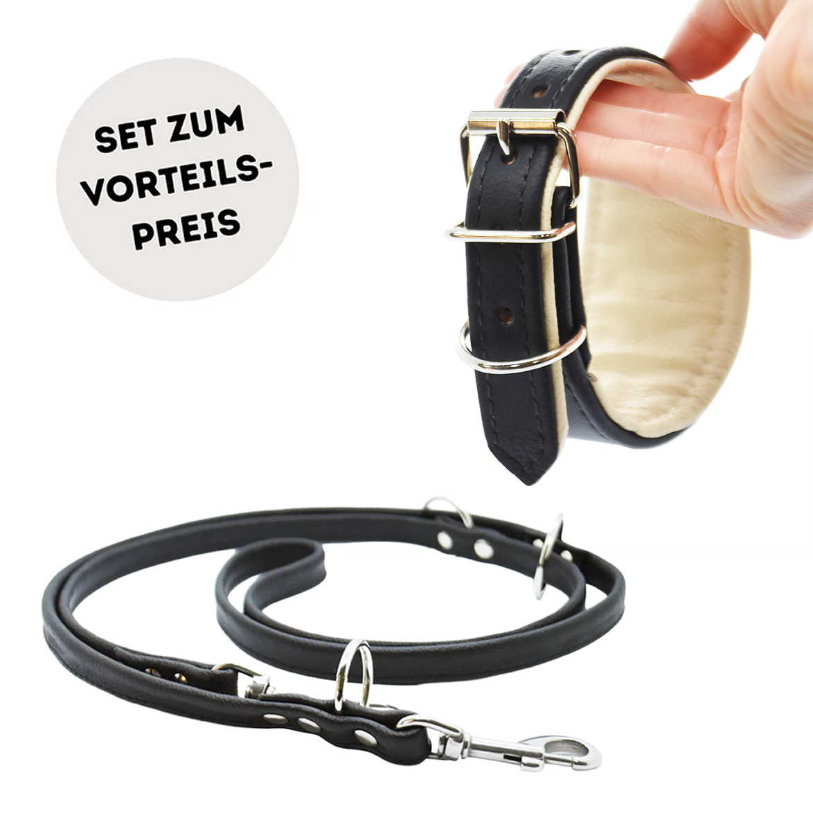 Set BASIC Windhund | Breites Lederhalsband und Rundlederleine