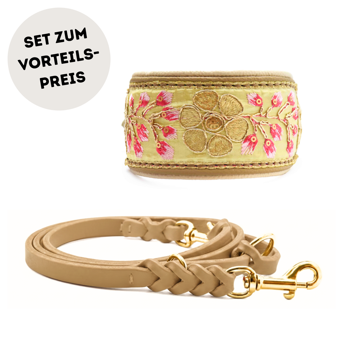 Edles Set für Windhunde aus Leine und indisch besticktes Hundehalsband