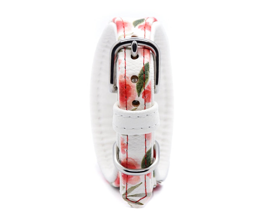 Windhundhalsband edel aus weißem Leder mit Rosen