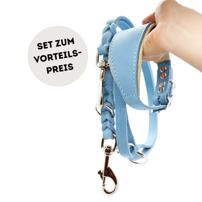 breites Lederhalsband mit Nappaleder Unterfütterung und geflochtene Leine im Set