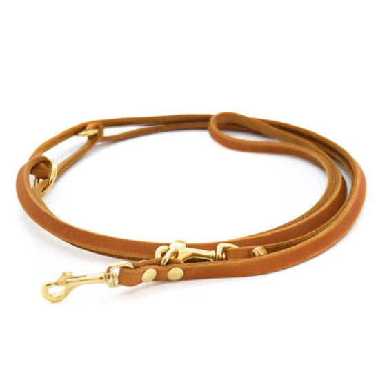 Handgemachte Fettlederleine in cognacbraun für Hunde, mit Messingbeschlägen