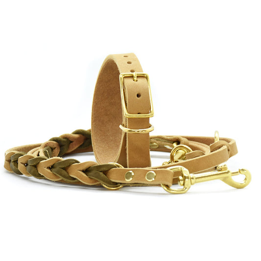 Set Fettleder- Windhundhalsband und Leine geflochten in Kamel und Oliv