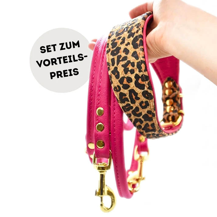 GOLDEN LEO Set mit dreifach stufenlos verstellbarer Lederleine und Korkleder Windhundhalsband mit pinkem Leder und Messingbeschlägen