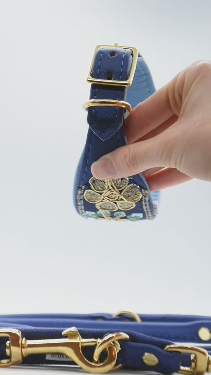 SARI Darkblue Set – Edles Windhund-Halsband mit passender Lederleine & Leckerlibeutel