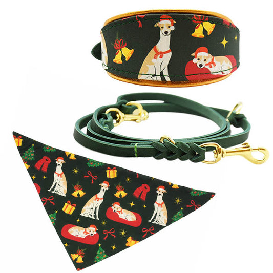 Weihnachtsset für Windhunde mit Halsband und Leine und Halstuch