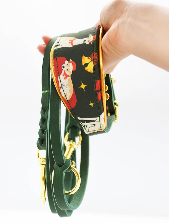 Tannengrünes Windhundset mit Halsband und passender Lederleine