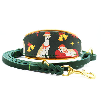 Weihnachtsedition 2026 Windhundhalsband mit passender Fettlederleine
